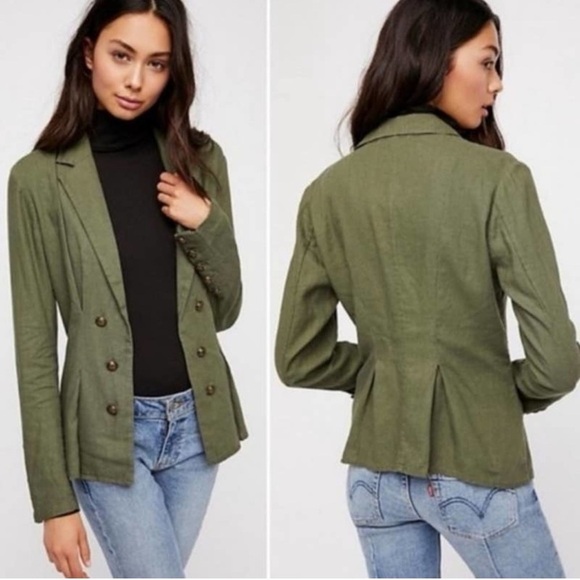 Free People Linen Military Cinched Waist Blazer Army Green Grunge Subversive XS - Picture 4 of 17
